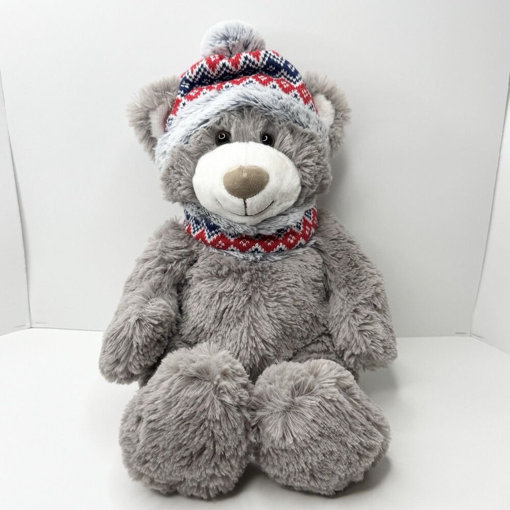 Gentle Treasures Gray Teddy Bear Plush Stuffed Animal 17" Winter Hat Scarf
